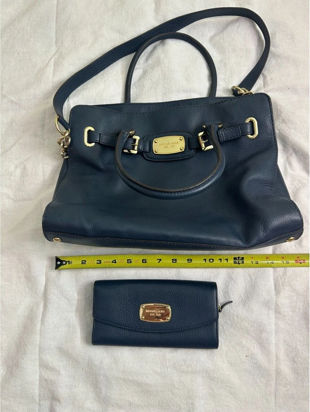 Michael Kors Hamilton Navy Blue Leather Satchel Bag With Matching Wallet Set